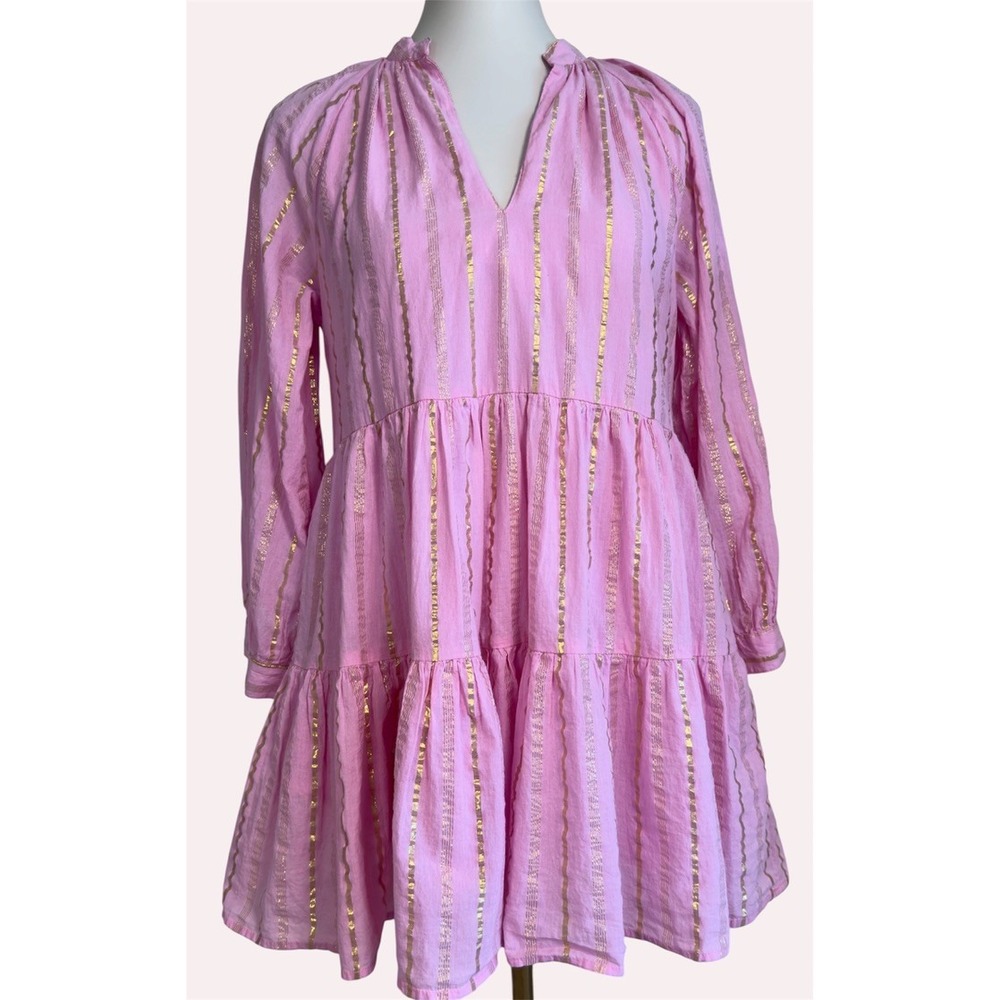 Area Stars Pink Gold Metallic Striped Tiered Cotton Mini Dress Womens Small - Picture 3 of 13